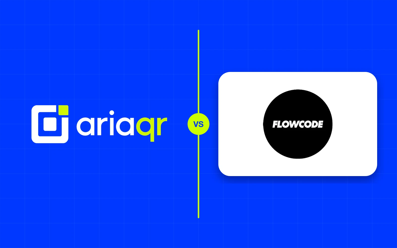 The AriaQR logo and the Flowcode logo side by side on cobalt, separated by a lime line.