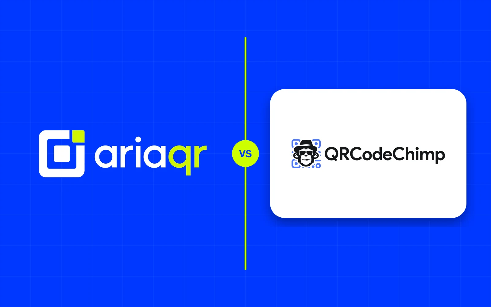 The AriaQR logo and the QRCodeChimp logo side by side on cobalt, separated by a lime line.