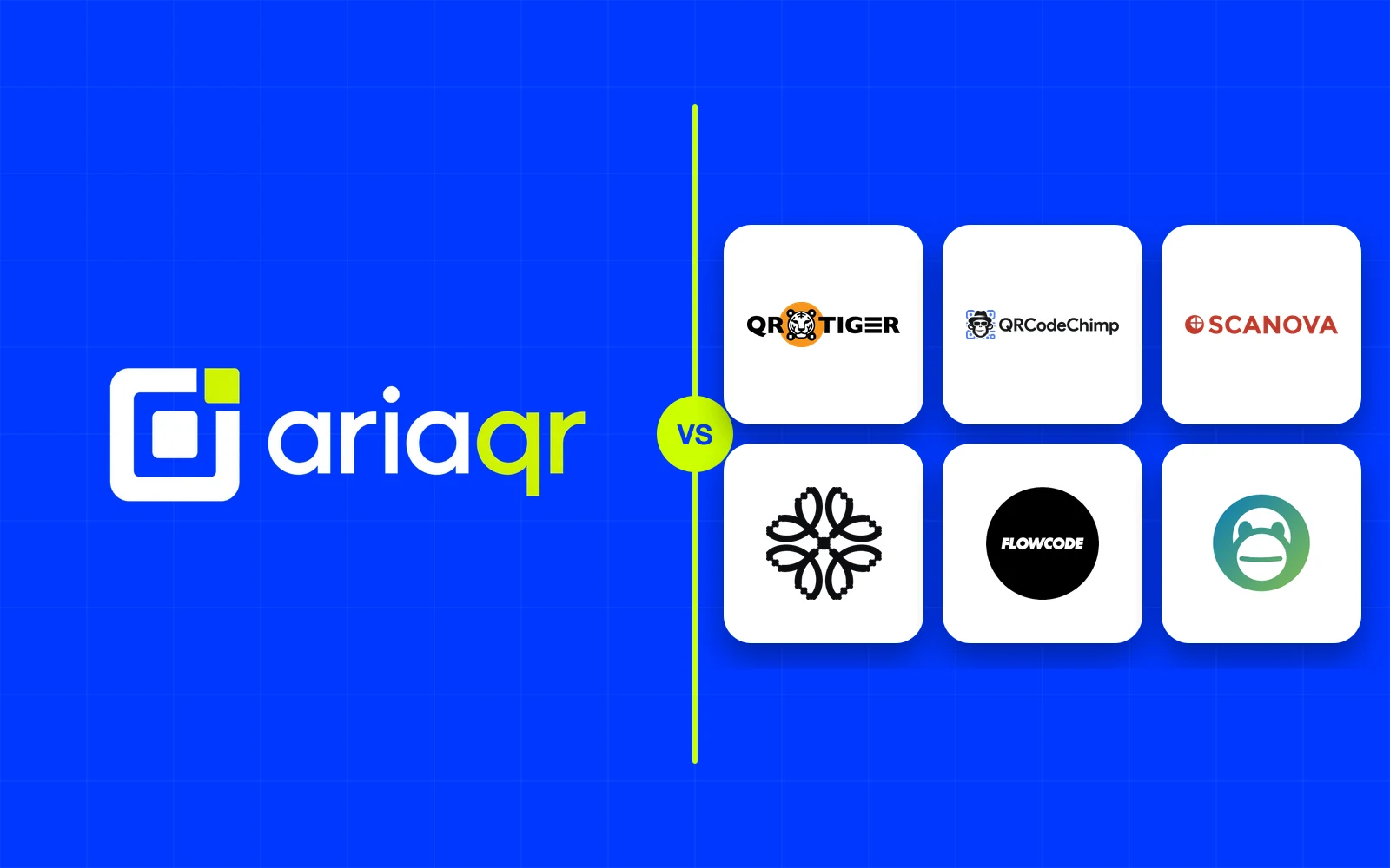 The AriaQR logo beside a grid of six competitor logos (QR TIGER, QRCodeChimp, Scanova, Uniqode, Flowcode and QR Code Monkey) on cobalt, separated by a lime line.