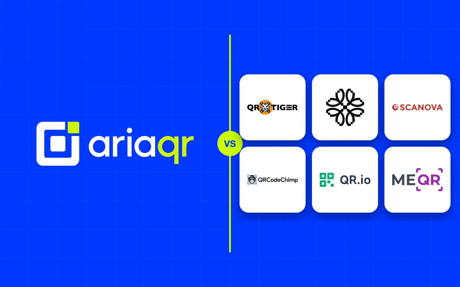 The AriaQR logo beside a grid of six competitor logos (QR TIGER, Uniqode, Scanova, QRCodeChimp, QR.io and ME-QR) on cobalt, separated by a lime line.