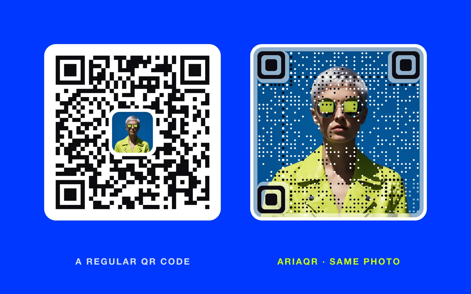 A ceramic mug on a wooden counter with an AriaQR code blended into the product photo, next to a plain black-and-white QR code printed on a card for comparison.
