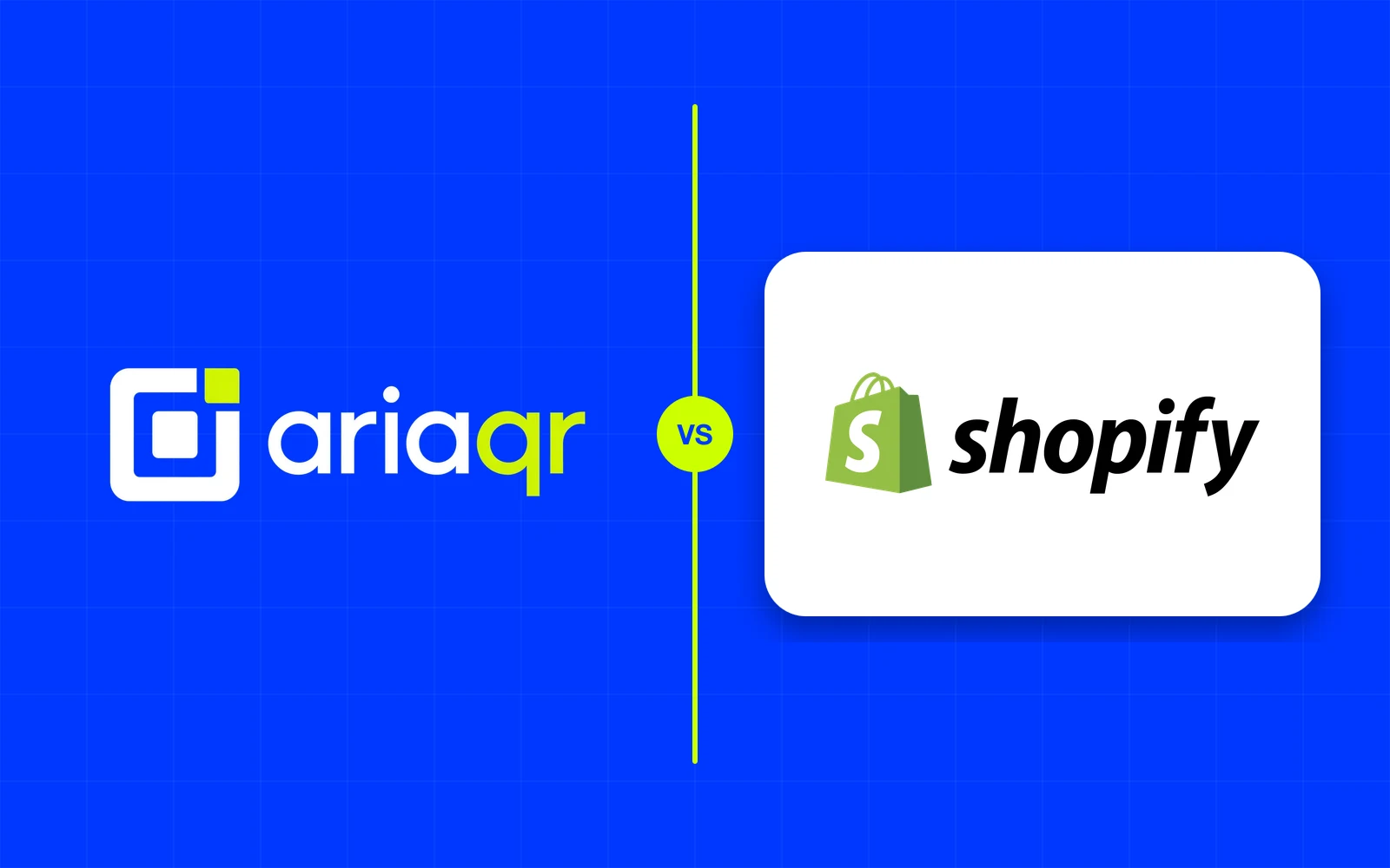 The AriaQR logo and the Shopify logo side by side on cobalt, separated by a lime line.