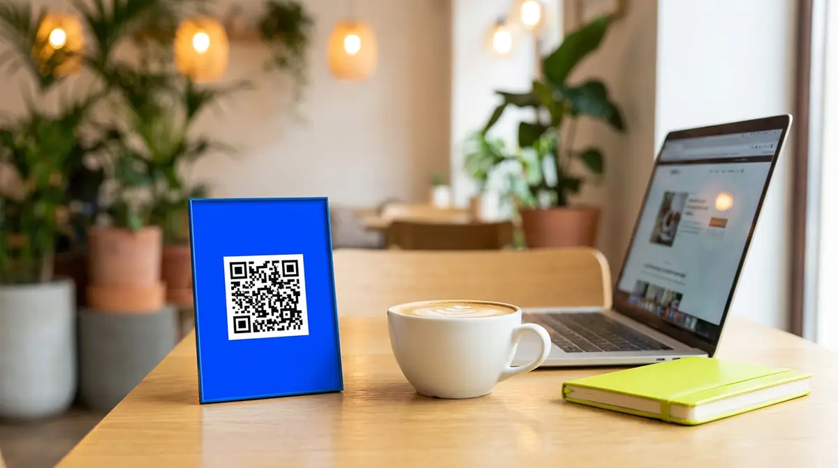 A cobalt blue Wi-Fi card with a QR code on an oak cafe table beside a latte and a laptop